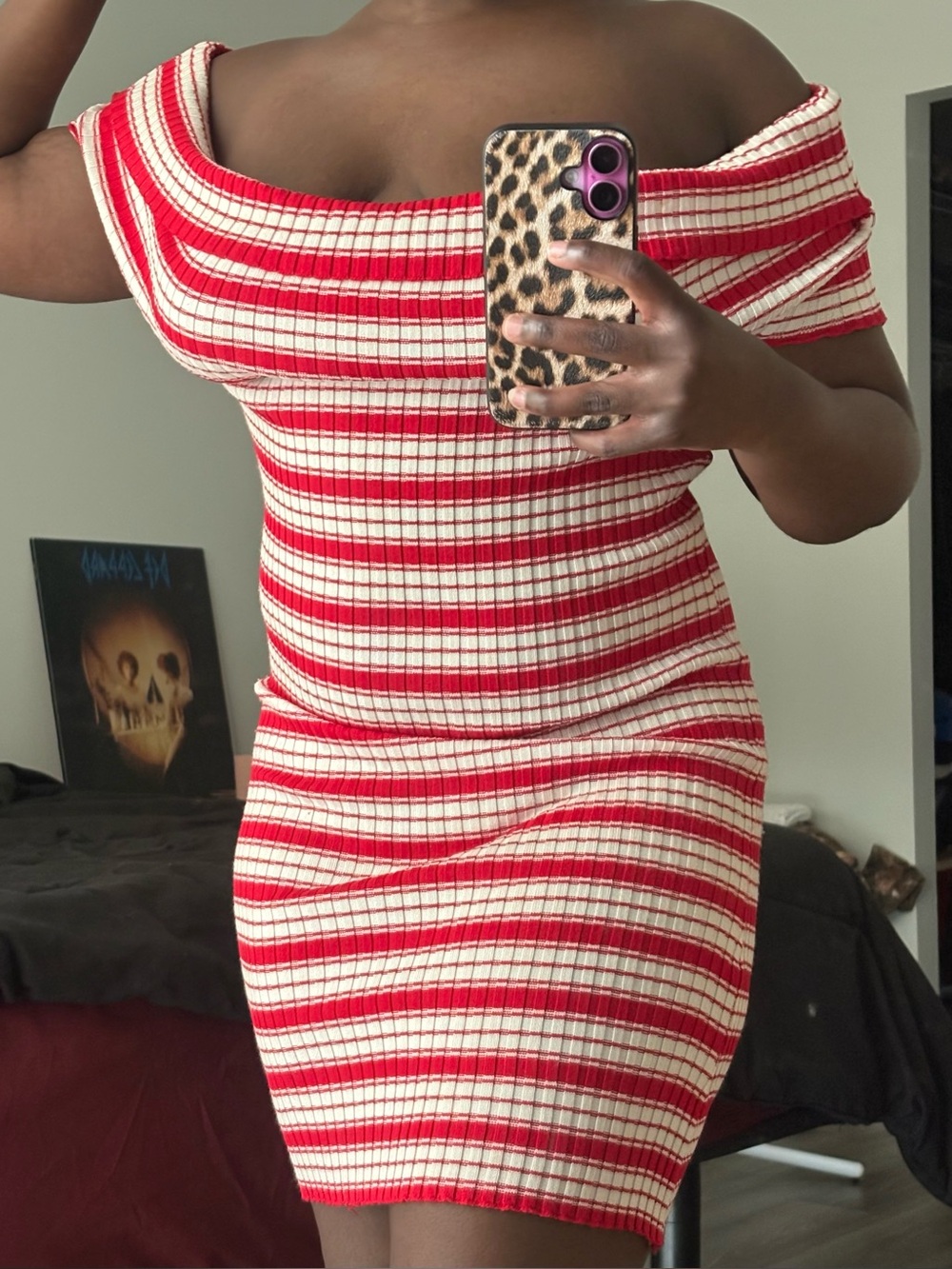 L.A Girl Off the Shoulder Red & White Ribbed Stripe Knit Dress